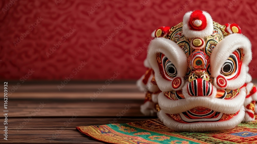 Chinese New Year's Eve Concept, Intricately Decorated Lion Dance Head on a Colorful Fabric Against a Vibrant Red Background