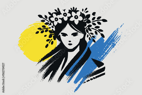 Minimalistic hand drawn portrait of Ukrainian woman with wreath in brush style