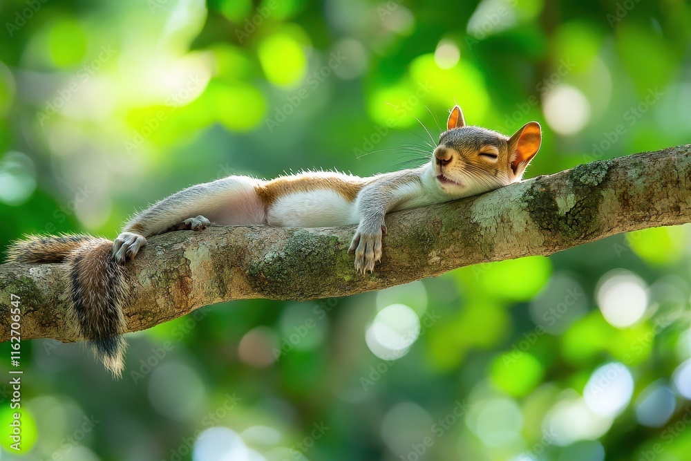 A squirrel is comfortably lying on a thick tree branch, enjoying a peaceful rest under the warm sun and surrounded by vibrant green leaves in a serene forest. A squirrel is comfortably lying on a thick tree branch, enjoying a peaceful rest under the warm sun and surrounded by vibrant green leaves in a serene forest.