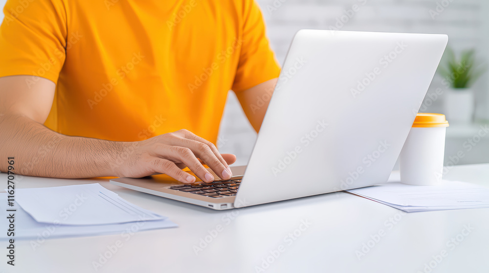 Fototapeta premium focused individual in orange shirt types on laptop at desk, surrounded by papers and coffee cup