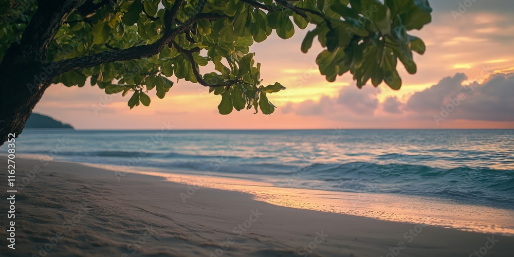 beach at sunset, with golden light reflecting off calm ocean waves. A tree with lush green leaves frames the scene, creating a tranquil, tropical atmosphere beach at sunset, with golden light reflecting off calm ocean waves. A tree with lush green leaves frames the scene, creating a tranquil, tropical atmosphere