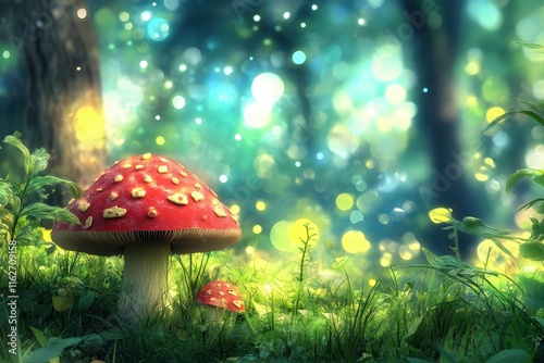 Wallpaper Mural Two bright red mushrooms with white spots are nestled in a grassy area of a magical forest. Soft, twinkling lights create a whimsical atmosphere under dappled sunlight. Torontodigital.ca