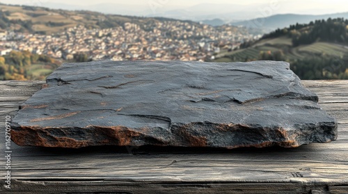 Dark gray stone slab on rustic wooden surface with city and mountain backdrop.