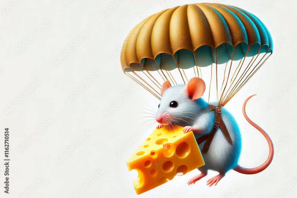Naklejka premium A white mouse with cheese on a parachute. Space for text.