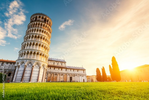 A dramatic shot of the Leaning Tower of Pisa surrounded by lush green lawns and blue skies