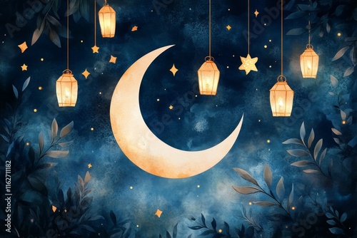 A dreamy watercolor of a crescent moon and star surrounded by glowing lanterns, symbolizing faith and light photo