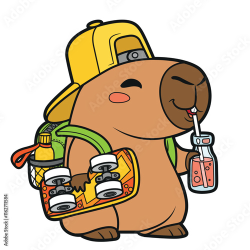 Cute cartoon capybara in school backpack with a skateboard under arm on white background