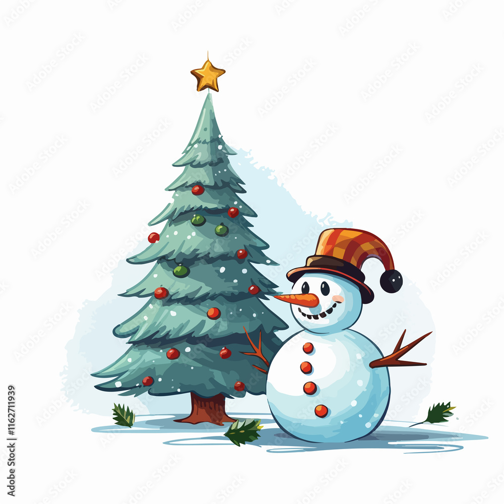 Festive snowman and tree cartoon vector illustration for Christmas celebrations Festive snowman and tree cartoon vector illustration for Christmas celebrations