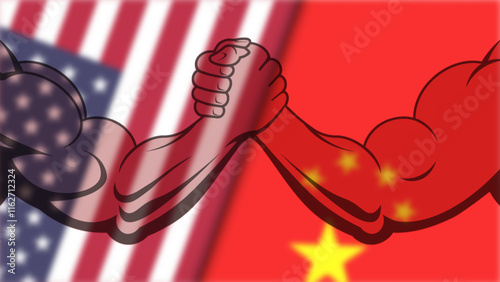 Vector political economic banner. Powerful muscular arms of bodybuilders, arm wrestling. Blurry flags of USA and China. Tense relations between countries. United States of America. Peoples Republic