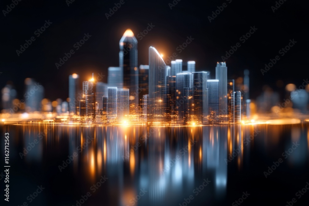 Fototapeta premium A futuristic Istanbul skyline with holographic buildings and an advanced Bosphorus transportation system glowing at night