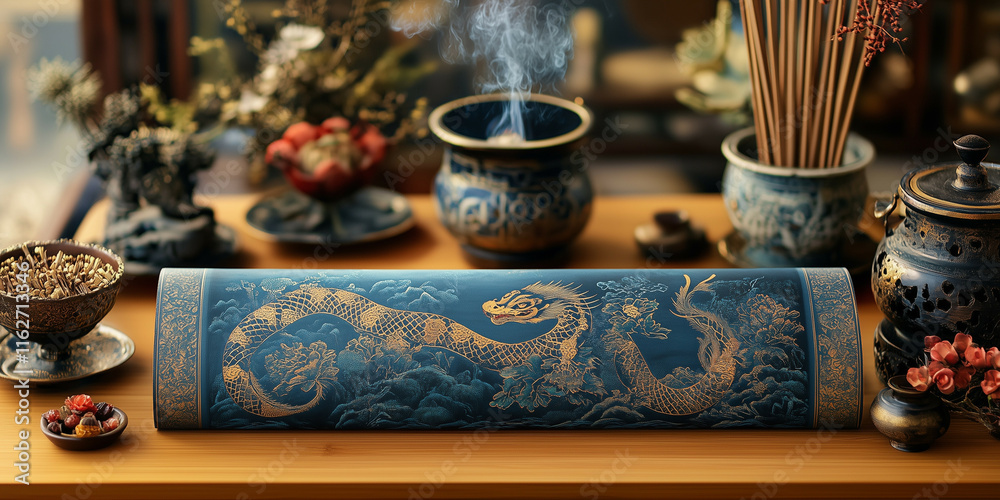 Fototapeta premium A serene Chinese New Year setup with a wooden snake zodiac design on a scroll, flanked by incense and traditional motifs. The setting conveys wisdom, tranquility, and blessings.