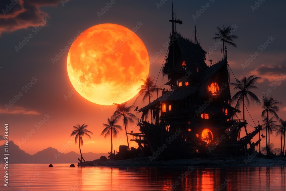 A gothic island scene at night with a ghostly shipwreck glowing faintly on the shore under a blood moon A gothic island scene at night with a ghostly shipwreck glowing faintly on the shore under a blood moon