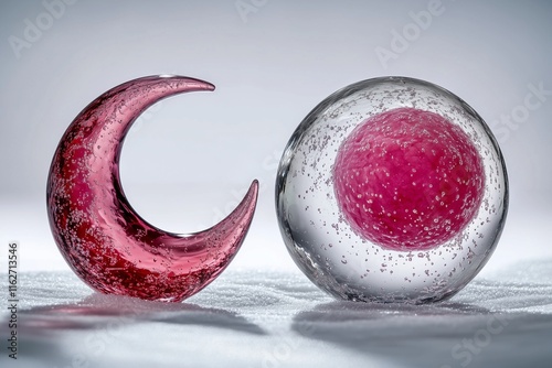 Two glass moons, one new with a crescent cranberry curve, the other full with a round raspberry radiance, lunar liquids on a white night. photo