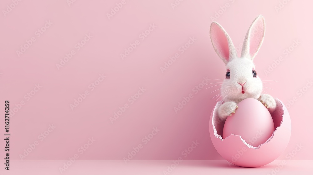 Obraz premium Adorable white bunny in a pink egg shell. Perfect for Easter cards, spring themes, and pastel designs.