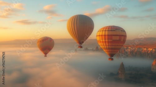Three hot air balloons soar above a misty landscape at sunrise, creating a breathtaking and serene scene.