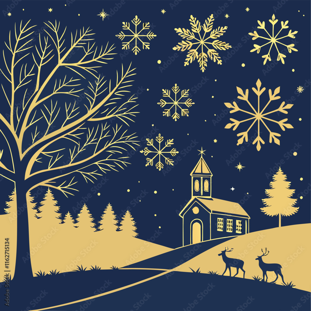 Fototapeta premium dark blue christmas background with golden snowflakes.