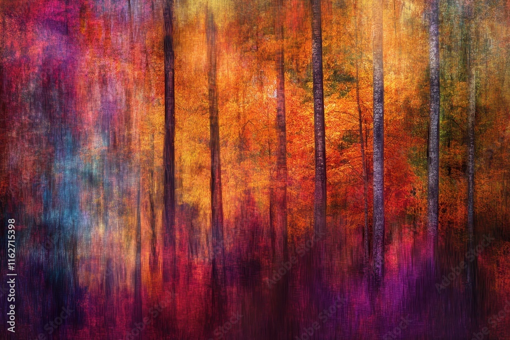 A captivating forest backdrop showcases tall trees adorned with brilliant autumn leaves. The vibrant colors of orange, red, and purple create a warm, inviting atmosphere during the fall season.