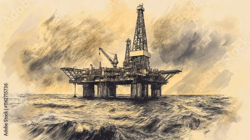 Rising above the sea oil platform. Platform drilling offshore oil. Sketch style vector photo