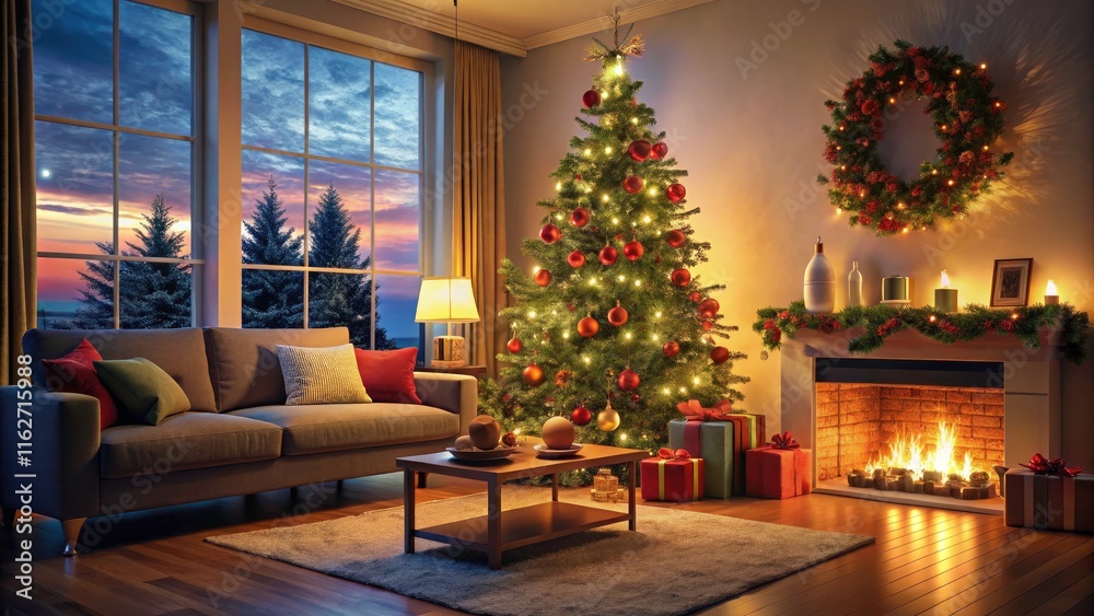 Fototapeta premium Blurred Modern Living Room for Christmas with Soft Focus Tree and Presents