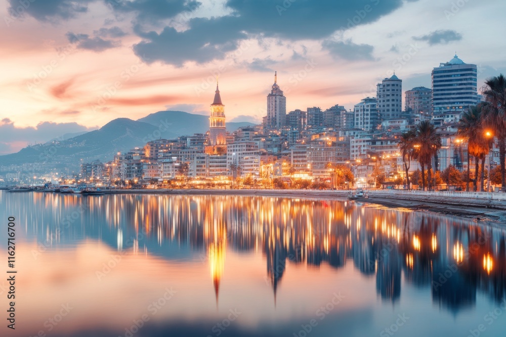 Obraz premium A panoramic view of Izmir skyline at night, with city lights reflecting on the Aegean Sea
