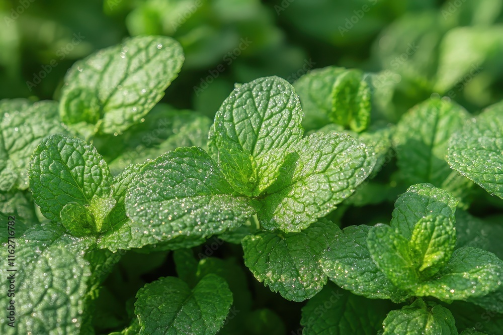 Lush mint leaves thrive in a garden setting, illuminated by morning light. Dew drops add a refreshing sparkle to the vibrant green foliage, highlighting its texture and vitality. Lush mint leaves thrive in a garden setting, illuminated by morning light. Dew drops add a refreshing sparkle to the vibrant green foliage, highlighting its texture and vitality.