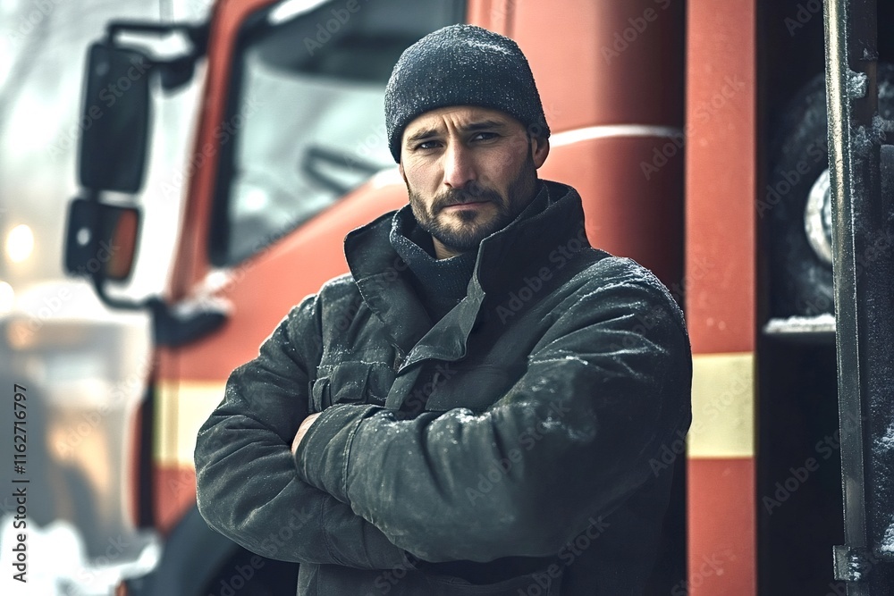 Confident firefighter is posing with arms crossed in front of a firetruck during a snowy winter day, showcasing professionalism and readiness Confident firefighter is posing with arms crossed in front of a firetruck during a snowy winter day, showcasing professionalism and readiness