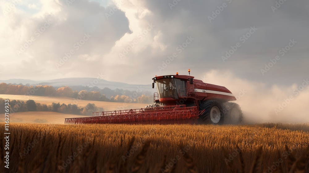 Fototapeta premium Harvesting with Tractor Under Natural Open Sky