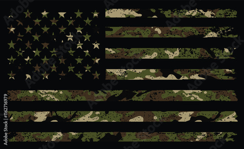 American Flag With Camouflage. Grunge Military Background.