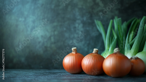 Fresh onions and scallions arranged on a dark textured surface in a kitchen setting photo