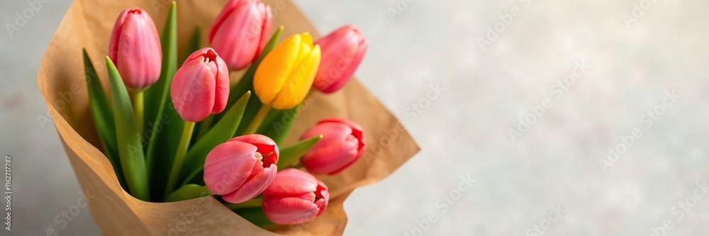 Naklejka premium A bouquet of pink and yellow tulips wrapped in brown paper, organic, paper, tulip bouquet