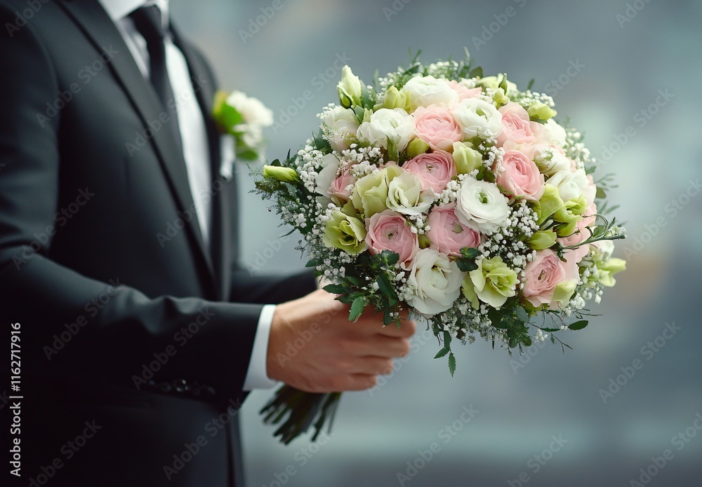 Elegant Wedding Bouquet: Pink, White & Green Roses, Ranunculus & Baby's Breath