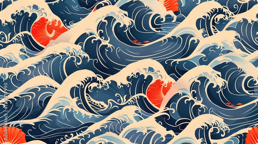 Naklejka premium Japanese wave seamless pattern wallpaper