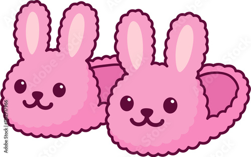 Pair of fuzzy bunny home slippers. Cute pink rabbit shoes cartoon vector illustration.