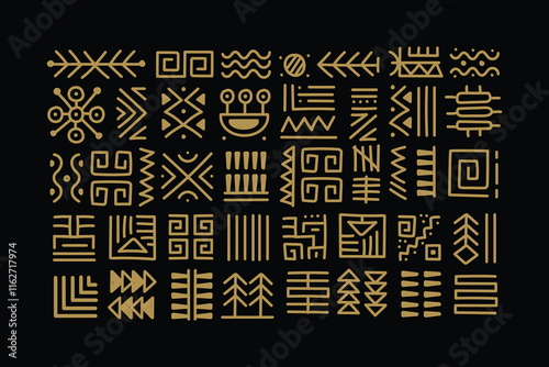 abstract hand drawn geometric ethnic tribal golden color  on black background