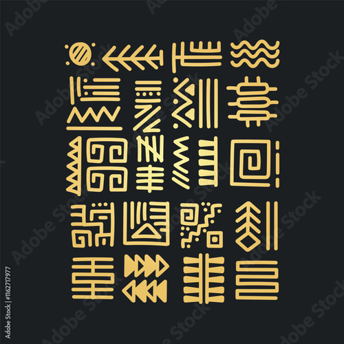 abstract hand drawn geometric ethnic tribal golden color  on black background