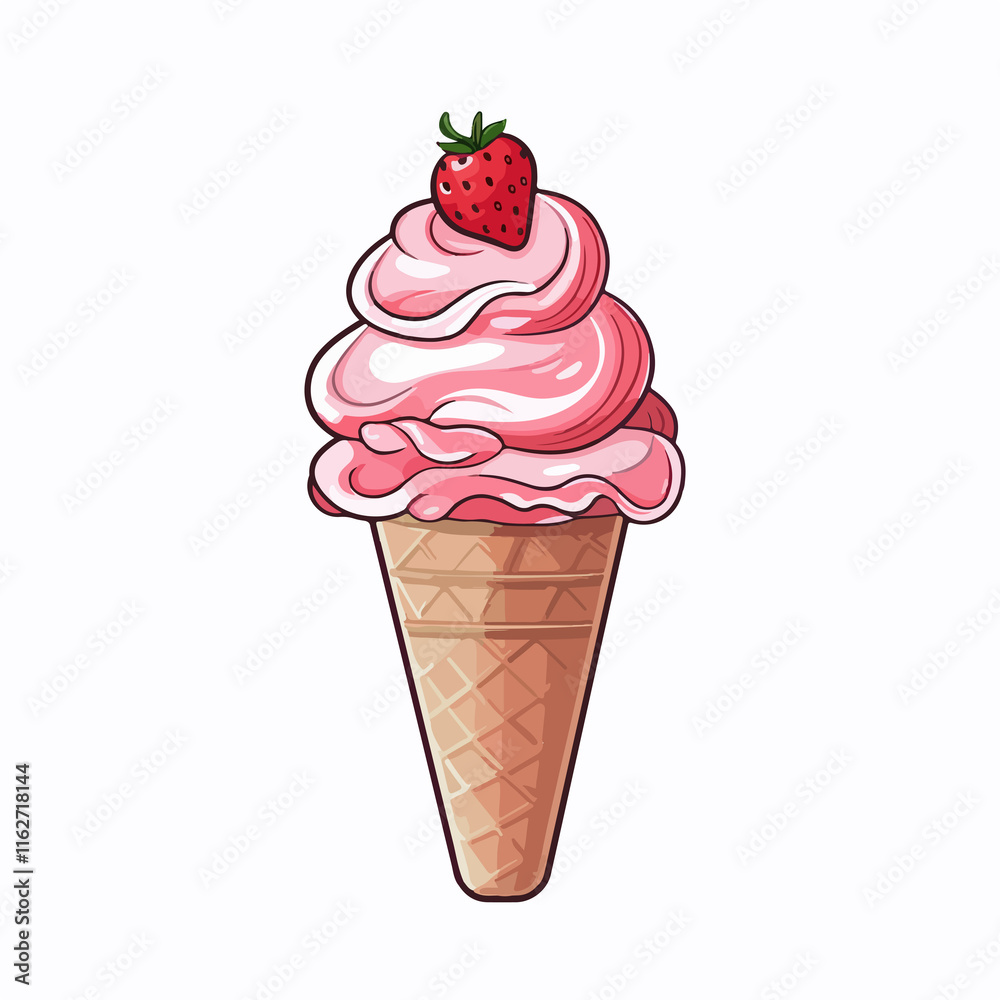 Strawberry Ice Cream Cone Icon on White Background for Sweet Treat Designs