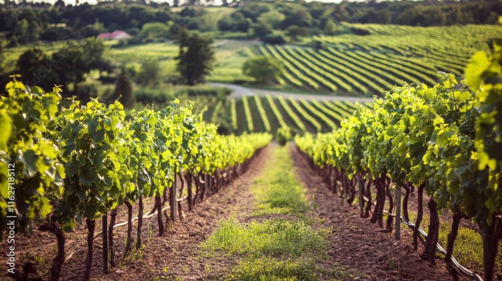Naklejka premium Lush Vineyard Under Bright Sunlight in Farmland