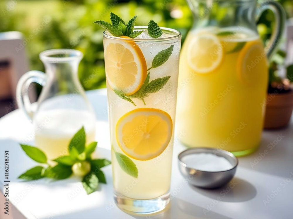 Fototapeta premium tall glass of iced lemonade with slices of lemon and fresh mint leaves inside