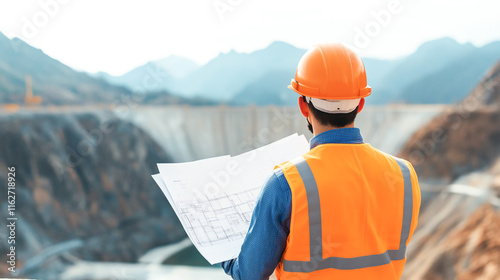 Construction worker reviewing plans at dam site with mountains photo