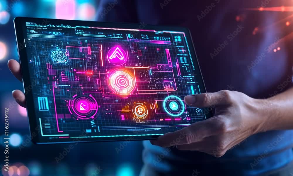 A futuristic tablet displaying vibrant digital interfaces and data visualizations.
