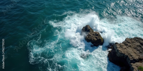 Ocean's Fury: A dramatic aerial view of powerful waves crashing against rugged rocks, showcasing the raw energy and beauty of nature's untamed force.  