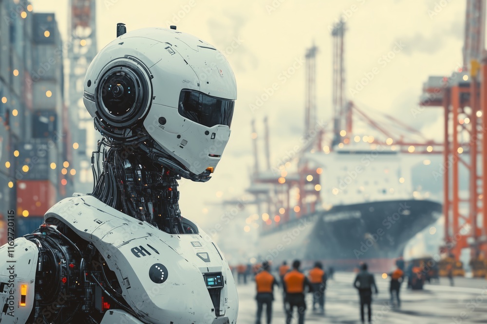 Futuristic humanoid robot assists human workers at a busy port transporting bulky shipping containers Futuristic humanoid robot assists human workers at a busy port transporting bulky shipping containers