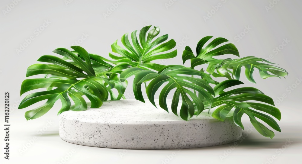 Selective focus.sandstone top product display platform with tropical monstera leaf, on minimal white wall Selective focus.sandstone top product display platform with tropical monstera leaf, on minimal white wall