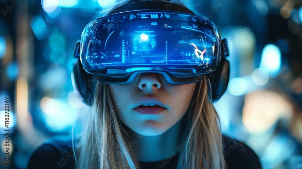 Woman exploring Christmas with VR and holograms Woman exploring Christmas with VR and holograms