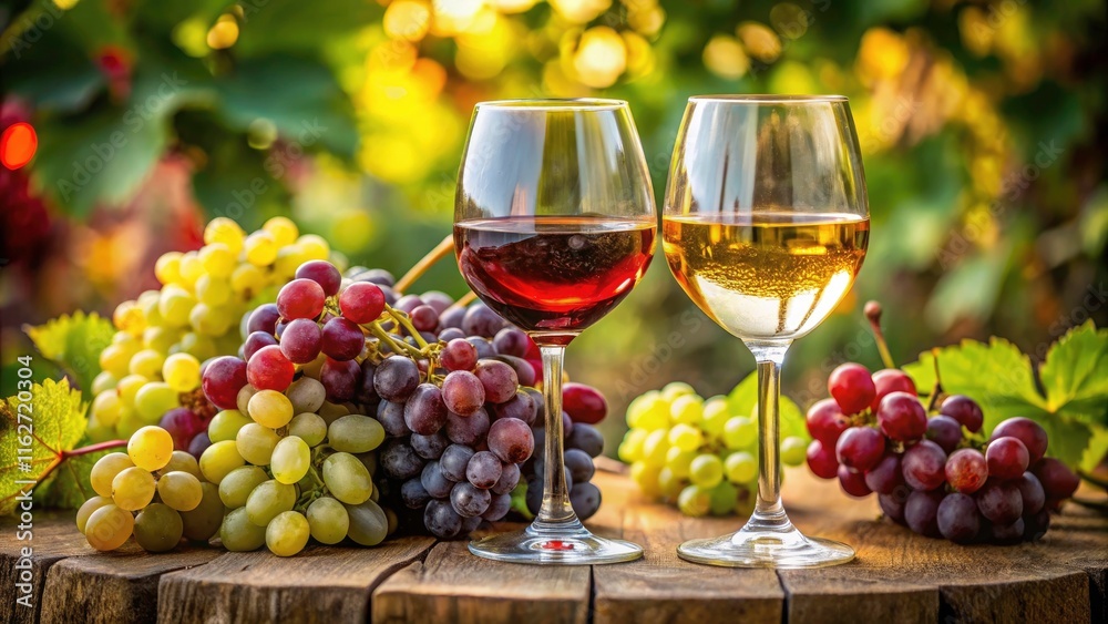 Captivating Macro Photography of Red and White Wine with Fresh Grapes and Elegant Glassware for Wine Enthusiasts and Culinary Art Lovers Captivating Macro Photography of Red and White Wine with Fresh Grapes and Elegant Glassware for Wine Enthusiasts and Culinary Art Lovers