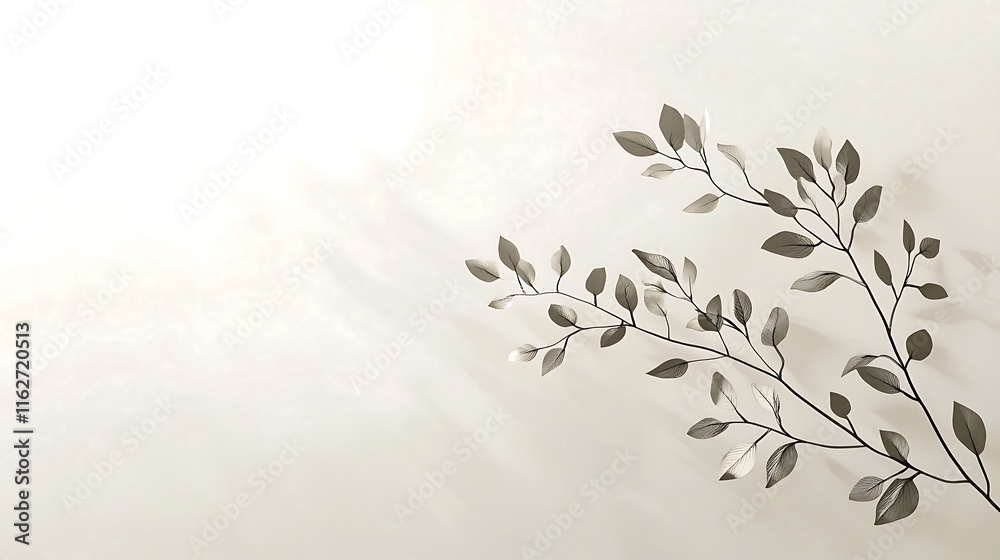 Minimalist image of two plant branches with leaves casting shadows on a light beige background. Minimalist image of two plant branches with leaves casting shadows on a light beige background.