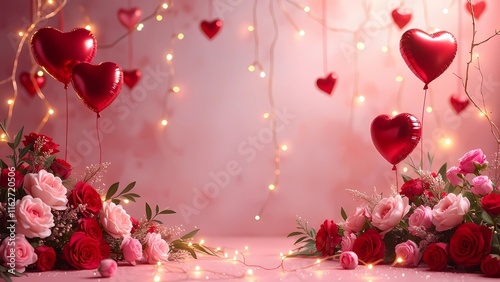 Soft pink background with heart-shaped balloons, flowers, and fairy lights, creating a romantic Valentine's atmosphere, generative ai