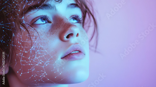 Futuristic Portrait of a Young Woman with Digital Neural Network Overlay