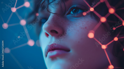 Futuristic Portrait of a Young Woman with Digital Neural Network Overlay