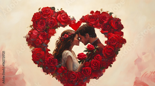 Romantic Couple Embraced Within a Heart-Shaped Frame of Red Roses, Symbolizing Love and Passion